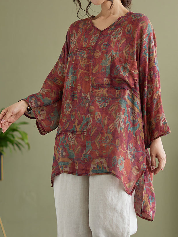 Floral Vintage Ramie Split Women Summer Shirt