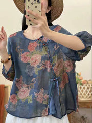 Women Summer Ethnic Frog Flower Spliced Ramie Shirt