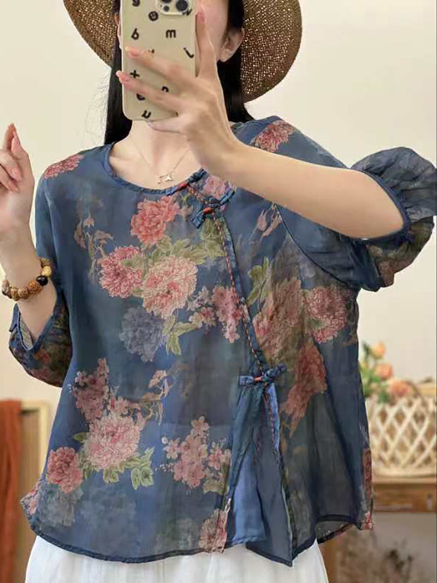 Women Summer Ethnic Frog Flower Spliced Ramie Shirt