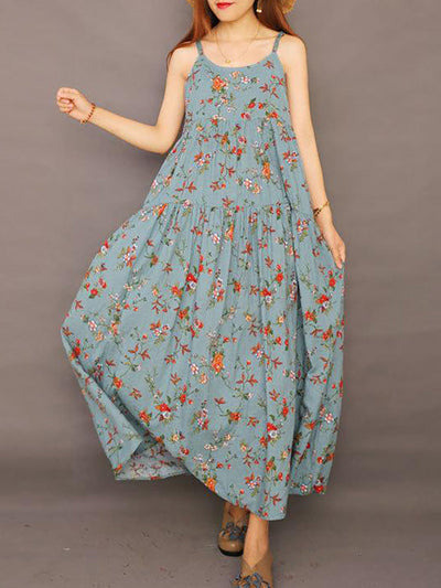 Summer Printed 100% Cotton Floral Suspender Pinafore Dress
