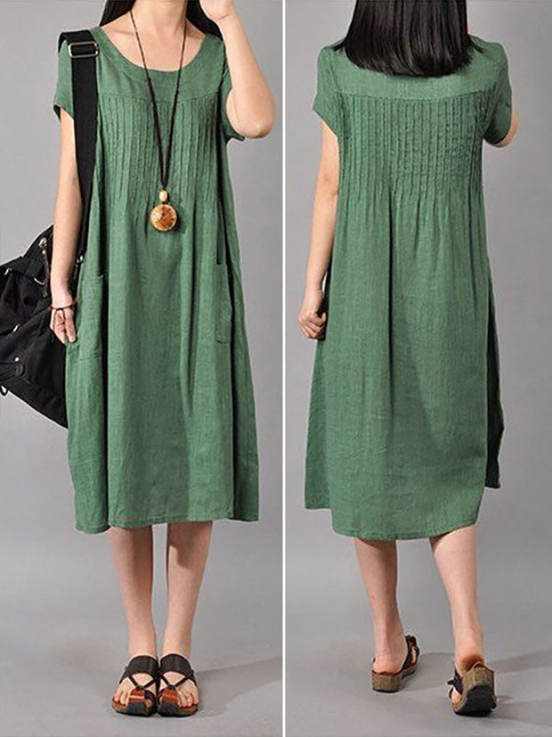 Women Cotton Linen Loose Fitting Dress in Green