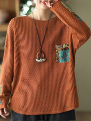Women Vintage Print Patch Casual Loose Sweater