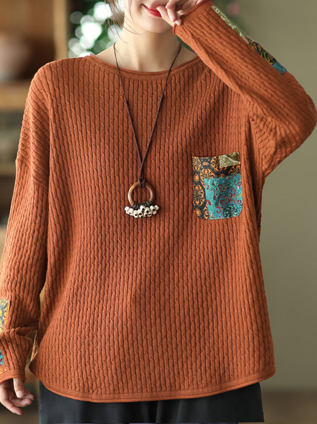 Women Vintage Print Patch Casual Loose Sweater