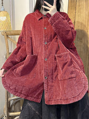 Women Retro Solid Corduroy Pocket Shirt Coat