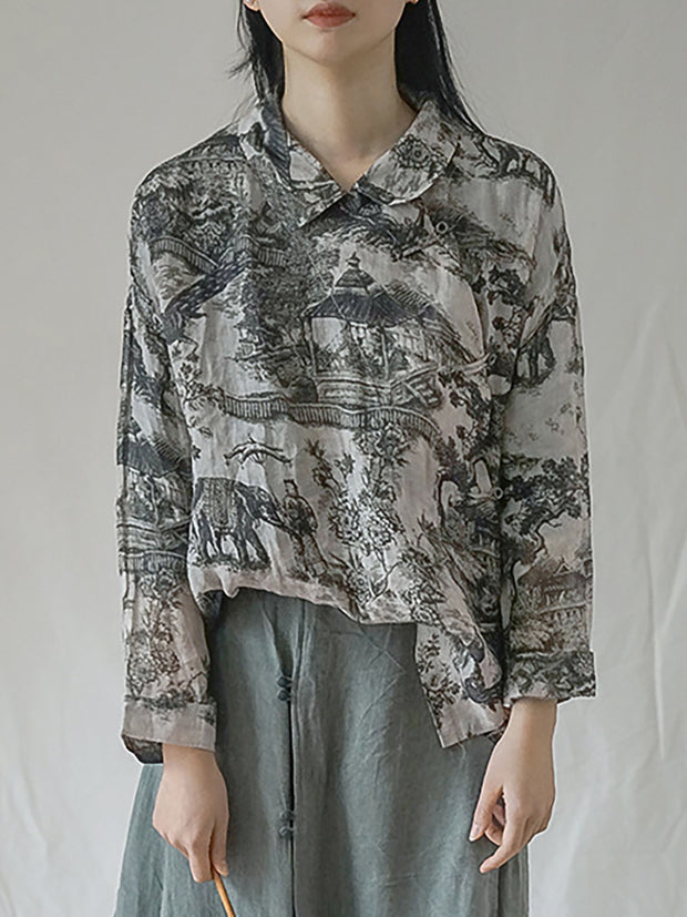 Vintage Florales Ramie Herbst Damen Lockeres Shirt