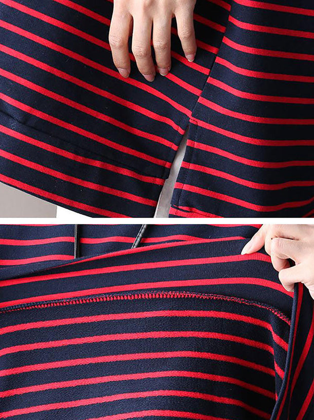 Women Loose Striped Cotton Irregular T-shirt
