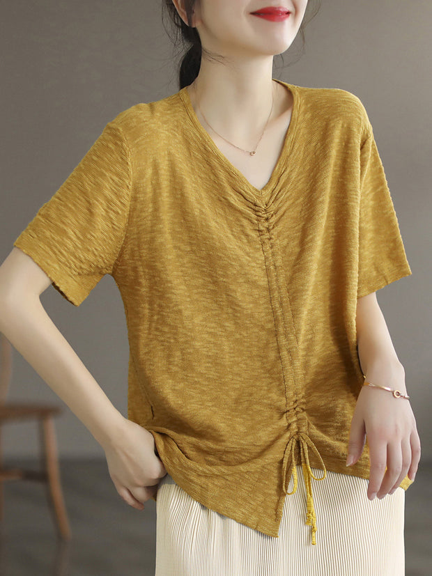 Casual Irregular Drawstring Cotton Women T Shirt