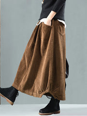 Elastic Waist Calf Length Spring Corduroy Skirt