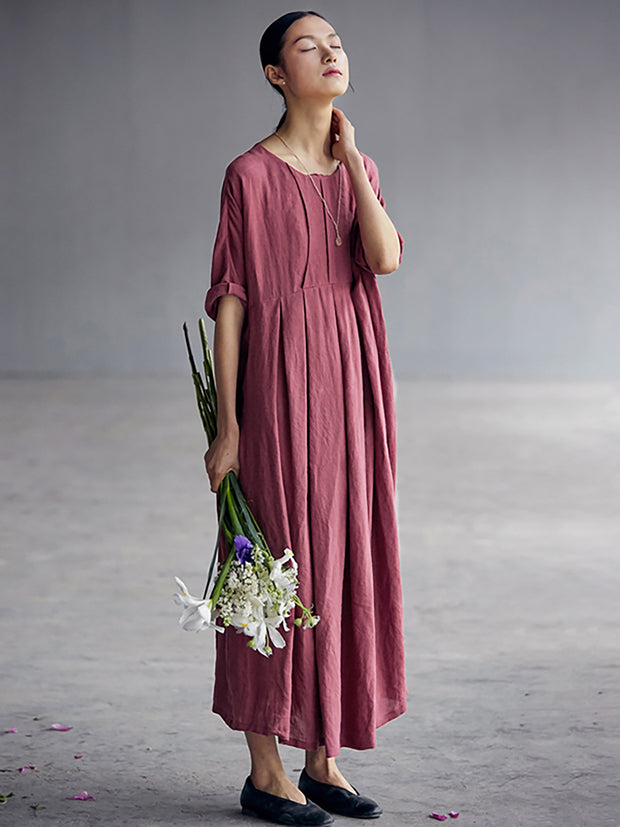 Chinese Style Elegant Pleated Loose Linen Dress
