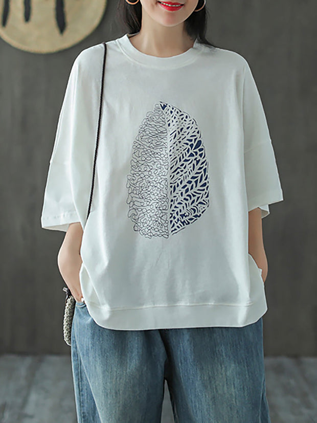 Halbärmliges Sommer-T-Shirt aus Baumwolle mit Blattdruck