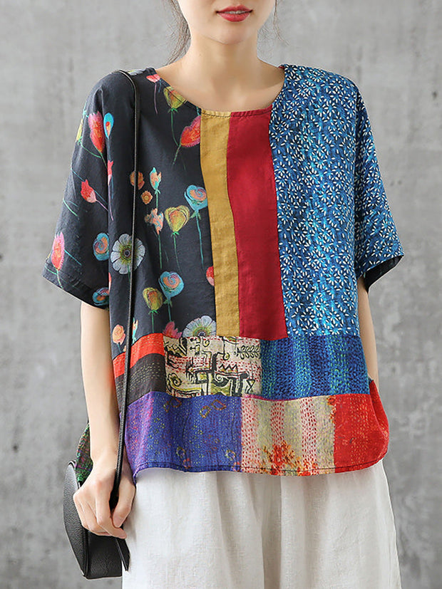 Summer Printed Women Floral Loose Linen T-shirt