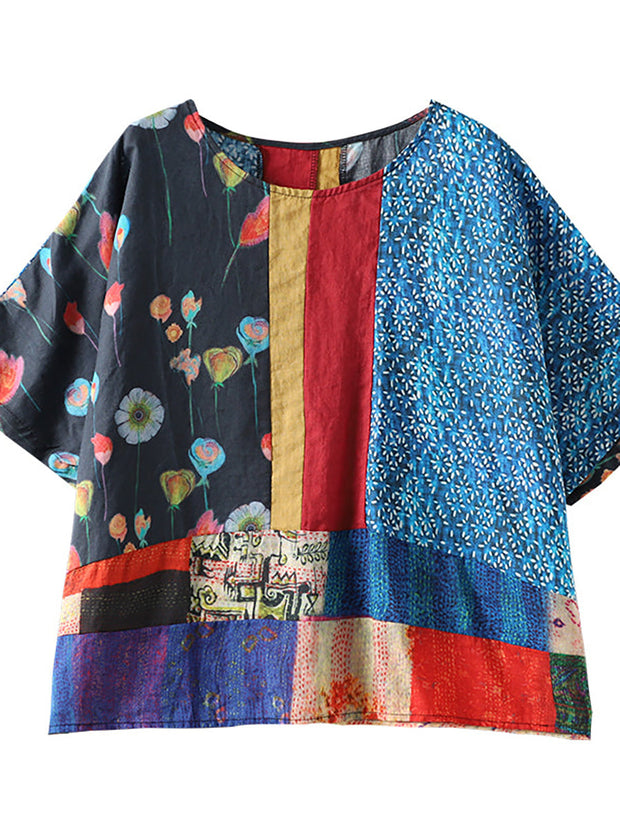 Summer Printed Women Floral Loose Linen T-shirt