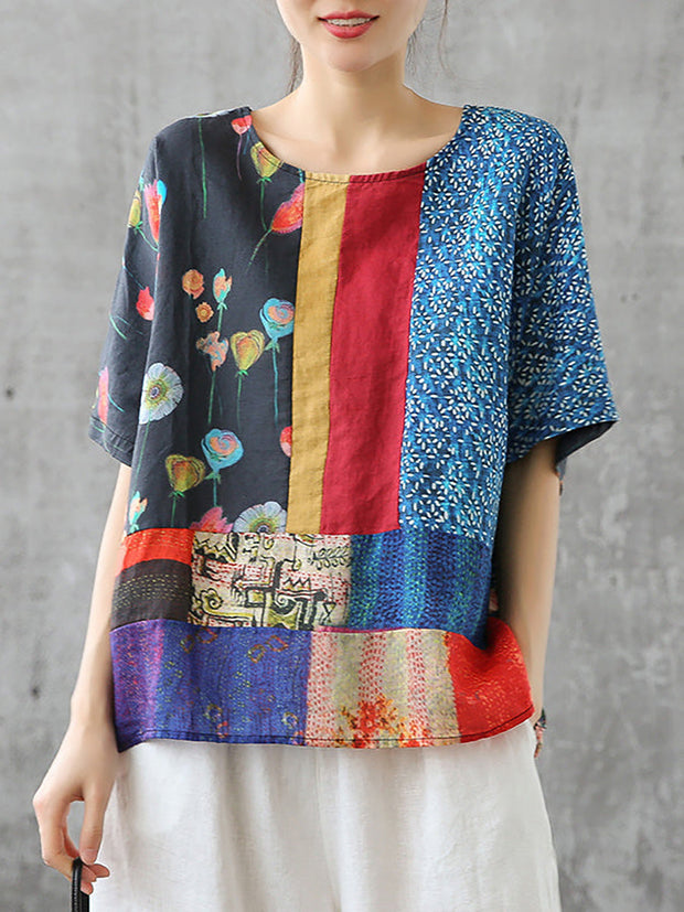 Summer Printed Women Floral Loose Linen T-shirt
