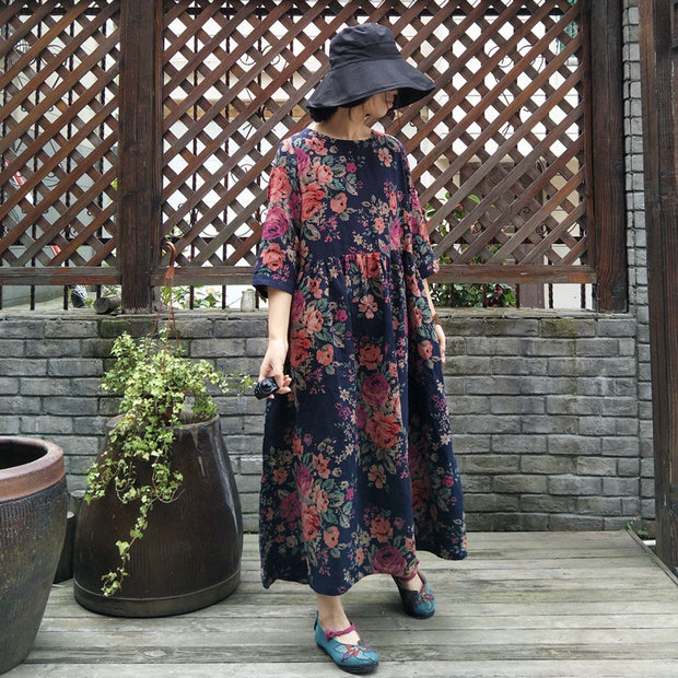Floral Prints Pleated Summer Cotton Dress