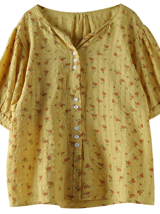 Floral Prints Single Breasted Cotton Linen Shirt