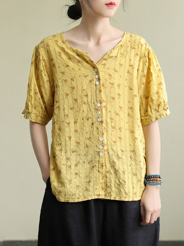 Floral Prints Single Breasted Cotton Linen Shirt