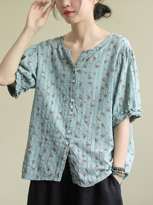 Floral Prints Single Breasted Cotton Linen Shirt