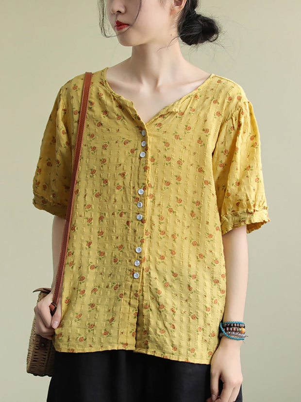 Floral Prints Single Breasted Cotton Linen Shirt