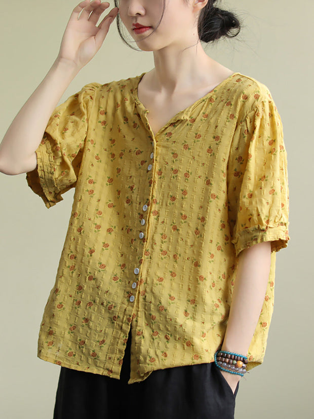 Floral Prints Single Breasted Cotton Linen Shirt