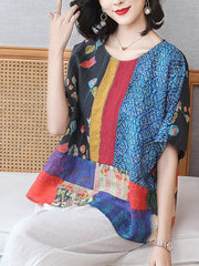 Summer Printed Women Floral Loose Linen T-shirt