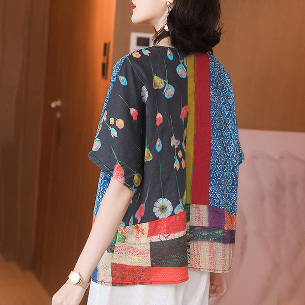 Summer Printed Women Floral Loose Linen T-shirt