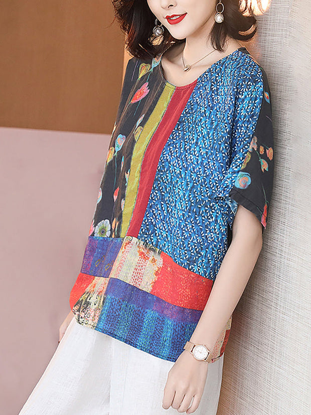 Summer Printed Women Floral Loose Linen T-shirt