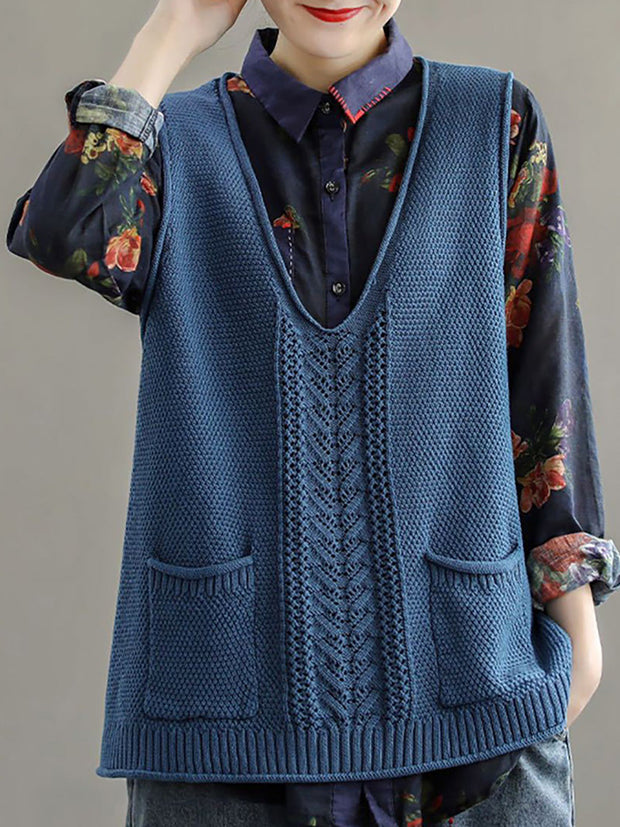 Women Pocket Knitted Hollow Sweater Vest