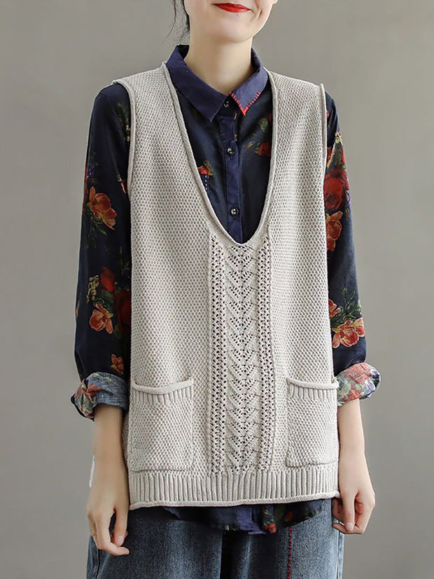 Women Pocket Knitted Hollow Sweater Vest