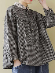Women Loose Breasted Lace Plaid Tops