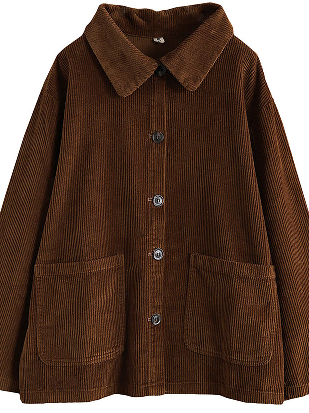 Women Solid Color Pocket Corduroy Jacket Coat