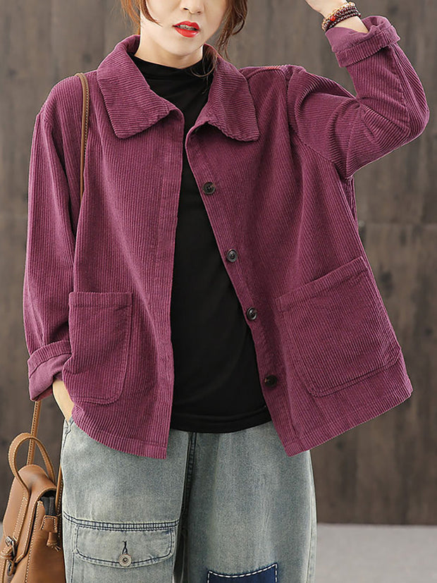 Women Solid Color Pocket Corduroy Jacket Coat