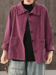 Women Solid Color Pocket Corduroy Jacket Coat