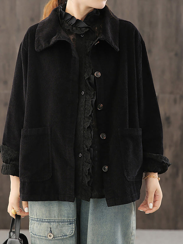 Women Solid Color Pocket Corduroy Jacket Coat