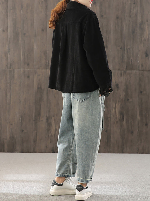 Women Solid Color Pocket Corduroy Jacket Coat