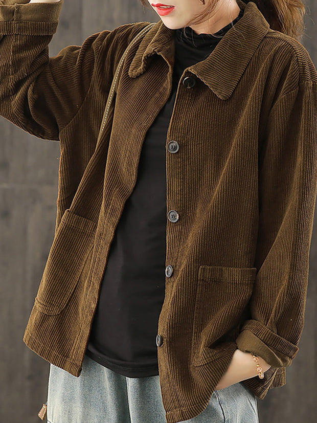 Women Solid Color Pocket Corduroy Jacket Coat
