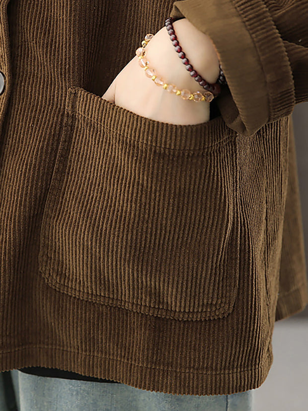 Women Solid Color Pocket Corduroy Jacket Coat