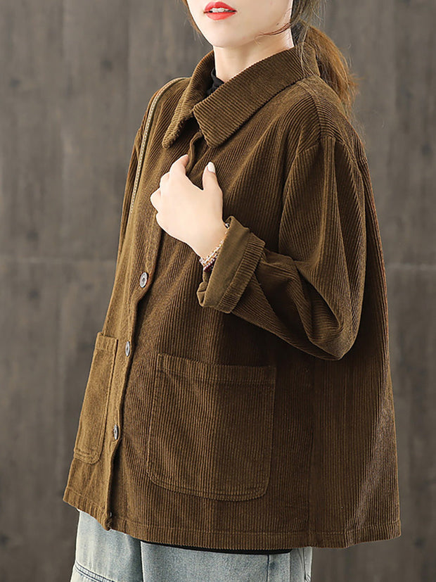 Women Solid Color Pocket Corduroy Jacket Coat