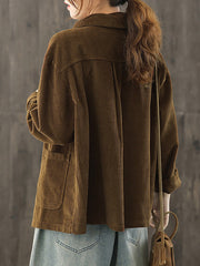 Women Solid Color Pocket Corduroy Jacket Coat
