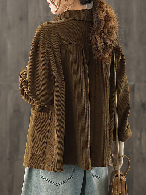 Women Solid Color Pocket Corduroy Jacket Coat