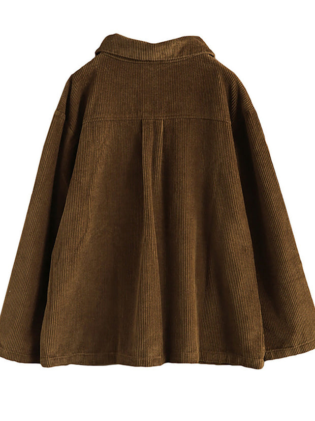 Women Solid Color Pocket Corduroy Jacket Coat