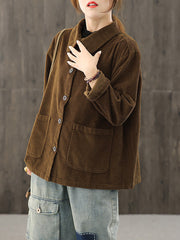 Women Solid Color Pocket Corduroy Jacket Coat