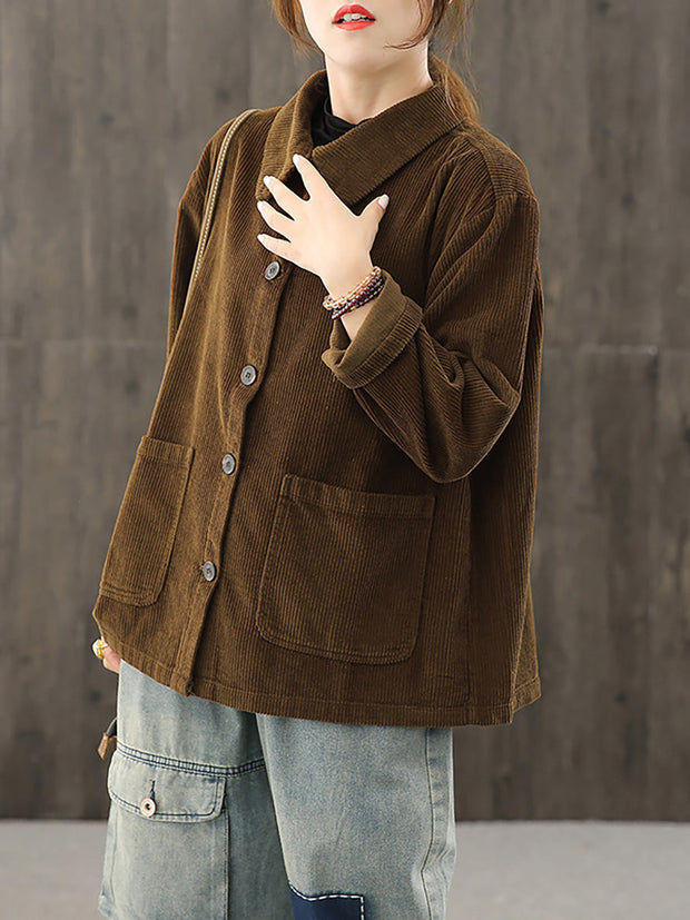Women Solid Color Pocket Corduroy Jacket Coat