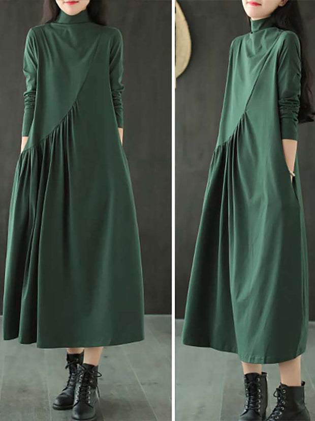 Solid Color Draped High Neckline Dress