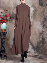Women Pure Color Knitted High Neckline Dress