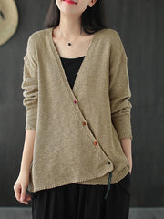 Women Knitted Retro Pure Color V-neck Sweater Coat