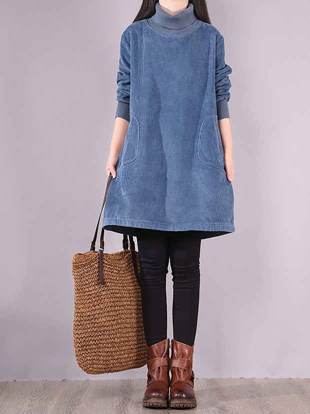 Plus Size - Women Solid Color Corduroy Dress