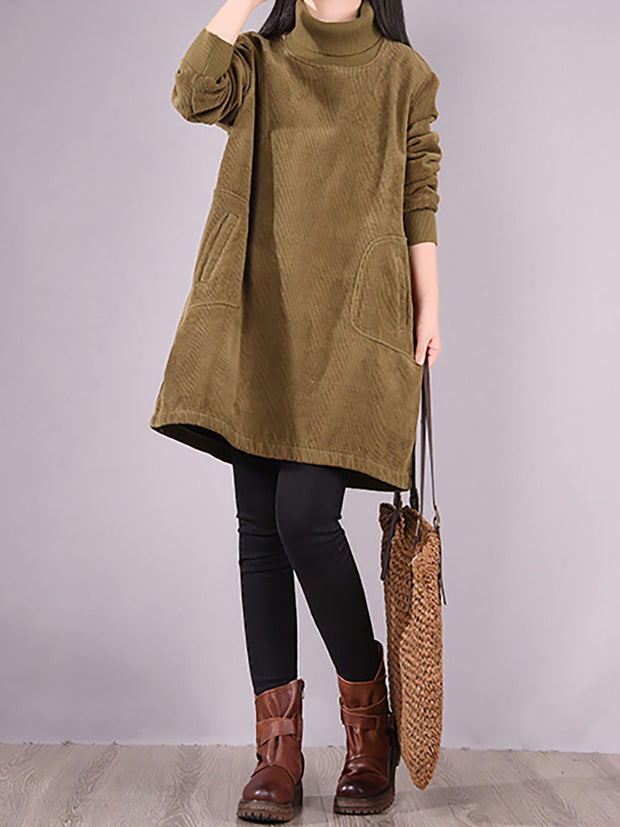 Plus Size - Women Solid Color Corduroy Dress