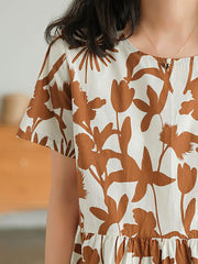 Damen-Blumenkleid mit O-Ausschnitt aus 100 % Baumwolle