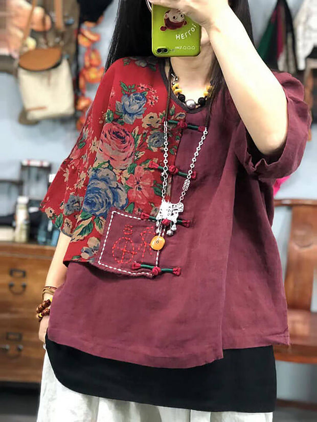 Plus Size - Women Embroidered Floral Retro Linen Stitching T-shirt