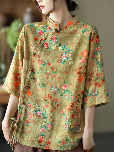 Unregelmäßiges Vintage-Hemd aus Baumwollleinen mit Blumenmuster